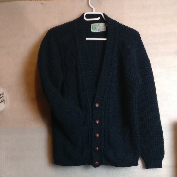 Handloomed in Ireland 100% Wool Chunky Coastal Cardigan Vintage Donegal GREEN - Picture 6 of 11